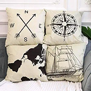 4 Pack Farmhouse Decorative Pillow Cover Home Decor Cotton Linen Nautical Style Throw Pillow Covers Set of 4 Rustic Sofa Throw Pillow Case Cushion Cover 18 x 18 Inch(Arrow,Map,Ship,Compass)