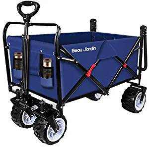 Folding Push Wagon Cart 300 Pound Capacity Collapsible Utility Camping Grocery Canvas Fabric Sturdy Portable Rolling Lightweight Buggies Outdoor Garden Sport Picnic Heavy Duty Shopping Wide Wheel