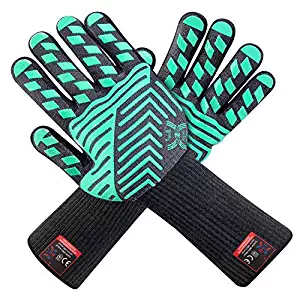 JH Heat Resistant Oven Gloves:EN407 Certified Withstand 932 °F, Double Layers Silicone Coating, BBQ Gloves & Oven Mitts for Cooking, Kitchen, Fireplace, Grilling, 1 Pair (Extended Long Cuff)