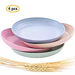 Lightweight &Unbreakable Wheat Straw Plates 7.87”4 Pack, Non-Toxin Healthy Eco-Friendly Degradable Dishes, BPA free plates,Dishwasher Microwave Safe Plates,Reusable Plate for Fruit Snack Container.