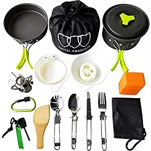 Gold Armour 10-17Pcs Camping Cookware Mess Kit Backpacking Gear & Hiking Outdoors Bug Out Bag Cooking Equipment Cookset | Lightweight, Compact, Durable Pot Pan Bowls