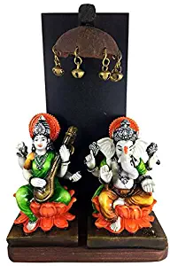 Karigaari India Ganesha & Laxmi Idol with Wooden Coconut Temple Wall Hanging Showpiece