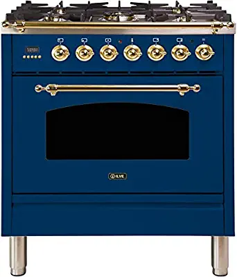 Ilve UPN76DMPBL Nostalgie Series 30 Inch Dual Fuel Convection Freestanding Range, 5 Sealed Brass Burners, 3 cu.ft. Total Oven Capacity in Blue, Brass Trim (Natural Gas)