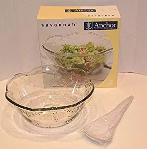 Anchor Hocking Savannah Salad Serving Fruit Bowl ~ Large Size: 4 Quart / 1 Gallon ~ FREE Plastic Servers Included