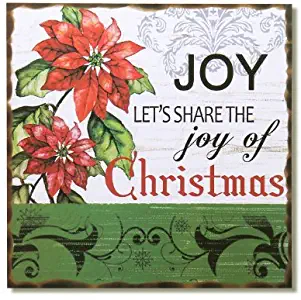 Adeco Decorative Christmas Wood Wall Sign Plaque Joy, Poinsettias Red Green Home Decor