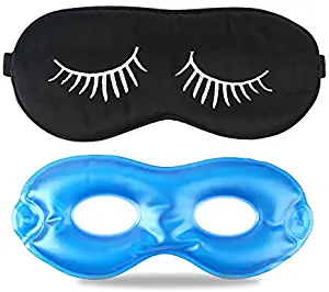 Fitglam Pure Silk Sleep Mask + Reusable Cold/Hot Therapy SPA Gel Eye Mask Set - Improve Sleeping, Alleviate Puffy, Swollen Eyes, Fatigue, Headache and Tension (Black with White Eyelashes & Gel)