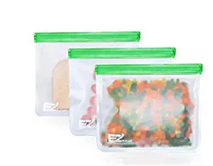 E-Z Seal EXTRA THICK Reusable PEVA Storage Bag for Food | Kids Snacks | Ziplock | Freezer | Lunch Sandwiches | Leakproof | Make-up | Travel | Meal Prep | Home Organisation (3 Pack Large Size - Green)