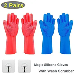 Magic Silicone Cleaning Gloves with Wash Scrubber, Heat Resistant, for Household Cooking Baking BBQ Oven, Dish Washing,Bed Room, Bathroom, Pet Care, 2 Pairs (Red+Blue), 2 Hooks