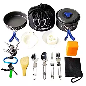 Gold Armour 10-17Pcs Camping Cookware Mess Kit Backpacking Gear & Hiking Outdoors Bug Out Bag Cooking Equipment Cookset | Lightweight, Compact, Durable Pot Pan Bowls