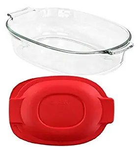 Pyrex 2 QT Oval Roaster Bundle: 2 Quart Oval Roaster with Red Plastic Cover
