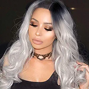 AISI QUEENS Ombre Wig Silver Gray Long Wavy Wigs for Women Side Part Body Wave wig Long Heat Resistant Synthetic Full Curly Cosplay Wigs with Free Wig Cap