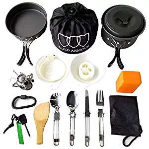 Gold Armour 10-17Pcs Camping Cookware Mess Kit Backpacking Gear & Hiking Outdoors Bug Out Bag Cooking Equipment Cookset | Lightweight, Compact, Durable Pot Pan Bowls