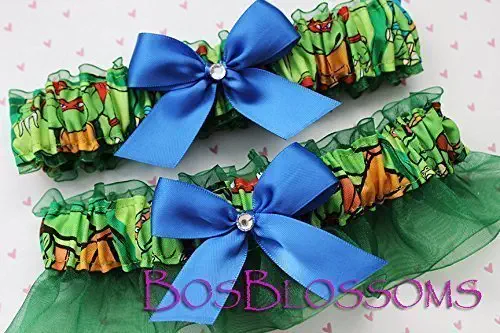 Customizable Handmade - choose your color bow - TMNT Teenage Mutant Ninja Turtles fabric keepsake bridal garters wedding garter set