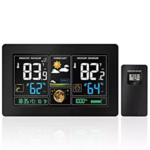 Protmex Wireless Weather Forecast Station PT3378 WWVB Radio Control Alarm Color LCD Display with Temperature Alerts with Outdoor Temperature Humidity Remote Sensor