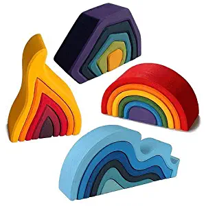 Grimm's Complete Set of 4 "Elements" Stackers in LARGE - Includes Rainbow, Caves, Water Waves & Fire - Wooden Nesting Building Blocks (22 Pieces Total)