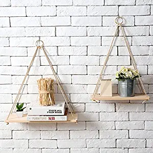 ANZ Products Premium Wood Swing Hanging Rope Wall Mounted Floating Shelves, Set of 2 – Modern Plant Flower Pot Vase Stand Book Shelf Home Decor.