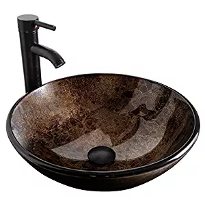 Bathroom Artistic Vessel Sink, Modern Round Tempered Glass Basin Washing Bowl, Oil Rubbed Bronze Faucet, Pop-up Drain Set