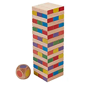 ECR4Kids Risky Rainbow Tumble Tower for Kids, Wood Stacking Block Game with Colorful Dice and Storage Bag, Junior 10" Tall (54-Piece Set)