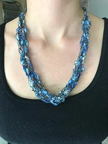 Adjustable Crochet Yarn Necklace Scarf Ladder Trellis Ribbon Blue Silver