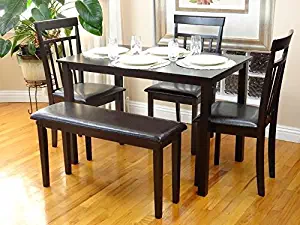 Rattan Wicker Furniture Dining Kitchen Set of 5 Pcs Rectangular Table and 3 Wooden Chairs Warm 1 Stained Bench in Espresso Black Finish