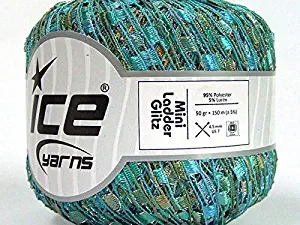 Malibu Mist Mini Ladder Glitz Ribbon Yarn - Turquoise Blue Green Gold with Silver Metallic Sparkle 50 Gram