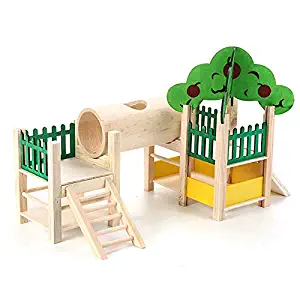 TEEPAO Hamster Houses and Hideouts, Natural Wooden Rat Playground Activity Set Platform Villa with Tube/Fences/Ladders/Roofs, for Small Animals, Dwarf Mice, Gerbil, Sugar Gliders Etc