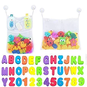 Comfylife 2 x Mesh Bath Toy Organizer + 6 Ultra Strong Hooks + 36 Bath Letters & Numbers – Eco-Safe, Fun, Educational Foam Baby Bath Letters and Perfect Toy Storage Net for Baby Bath Toys & More