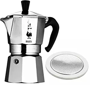 Bialetti 1 cup coffee maker with spare gasket and filter set.