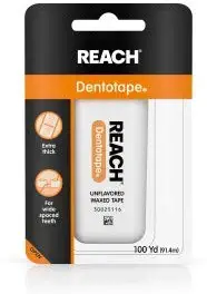 Reach Dentotape Waxed Dental Floss with Extra Wide Cleaning Surface for Large Spaces between Teeth, Unflavored, 100 Yards