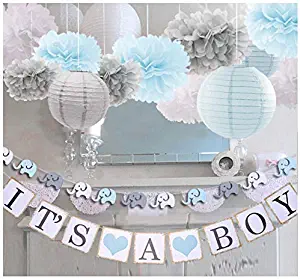 luckylibra Boy Baby Shower Decorations, It is a Boy Banners Elephant Garland and Paper Lantern Paper Flower Pom Poms （Blue White Grey）