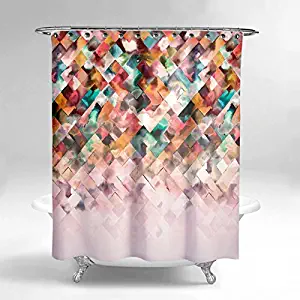 Lume.ly Modern Ombre Geometric Pattern Design Fabric Shower Curtain Set For Bathroom W/12 PREMIUM Stainless Steel Hooks Rings, Bright Unique Psychedelic Luxury Art Home (White Aqua Blue) (72x72 in)