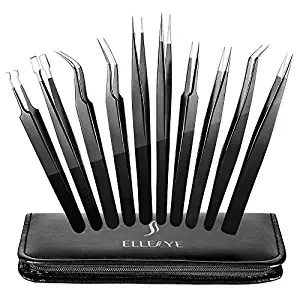 Precision Tweezers Set, ElleSye 10 PCS ESD Tweezer Set, Anti-Static Stainless Steel Tweezers Non-magnetic Tweezer Set for Craft, Jewelry, Electronics, Laboratory Work, Eyebrow & Ingrown Hair Removal