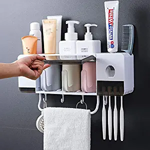 BHeadCat Automatic Toothpaste Dispenser Squeezer Wall Mount and Toothbrush Holder, Multi-Functional Space Saving Toothbrush Organizer with 2 Cups, 3 Brush Slots and Towel Bar No Drill Need (3 Cups)