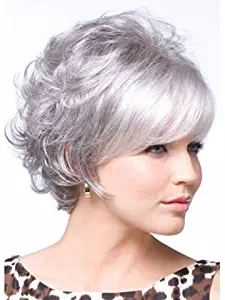 GNIMEGIL Womens Wigs Short Curly Silver Gray Wig with Bangs Daily Party Costume Hair Wigs for Old Lady + Wig Cap (Head Circumference 22.5”)