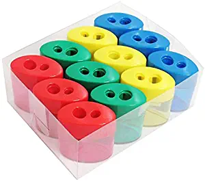Mega Pack Of 12 Double Hole Oval Shaped Pencil Sharpener With Cover And Receptacle - Comes In 4 Colors! By Mega Stationers