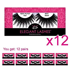 Elegant Lashes #301 The ORIGINAL Drag Queen Lash (Pack of 12) | Thick Long Black Human Hair False Eyelashes for Drag Halloween SFX Dance Rave Costume