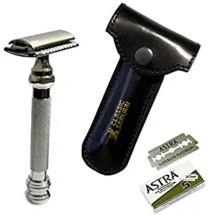 Classic Samurai CS-206 Heavy Duty"Barber Pole" Long Double Edge Safety Razor with Genuine Leather Shaving Travel/Protective Case and 5 Astra Superior Platinum Razor Blades