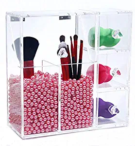 Makeup Brush Holder,Lumcrissy Acrylic Makeup Organizer with 2 Brush Holders and 3 Drawers Dustproof Box with Free Pink Pearl (Pink)