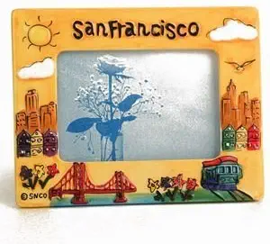 (41 7/18) CM San Francisco Picture Frame Hand Painted Yellow Puff Frame 3 x 5 opening 7.5 x 5.5 Overall With Copyrighted CA Bear Magnet