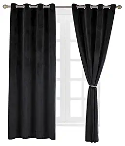Cherry Home Set of 2 Velvet Thermal Blackout Curtain Panel Drapes Grommet Draperies Eyelet 52Wx96L inch Black(2 Panels) Theater| Bedroom| Living Room| Hotel