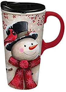 Cypress Home Beautiful Snowman and Cardinal Ceramic Travel Cup with Matching Box - 4 x 5 x 7 Inches Indoor/Outdoor home goods For Kitchens, Parties and Homes