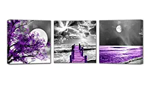 HUADAOART Landscape Moon Canvas Prints Purple Landscape Canvas Printings Wall Art for Home Decor Perfect 3 Panels Wall Decorations Size:12X12inches 3pcs/Set