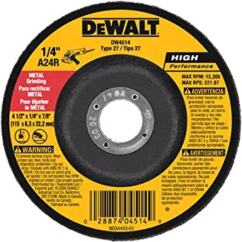 DEWALT DW4514 4-1/2-Inch by 1/4-Inch by 7/8-Inch Metal Grinding Wheel