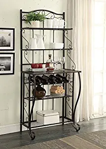 5-tier Black Metal Cappuccino Finish Shelf Kitchen Bakers Rack Scroll Design with 5 Bottles Wine Storage