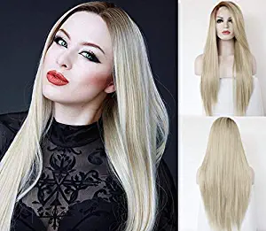 Sapphirewigs Silky Soft Brown Roots Ombre Light Blonde Color Beauty Blogger Daily Makeup Wedding Hair 24'' Long Synthetic Lace Front Wigs (Ombre Blonde)
