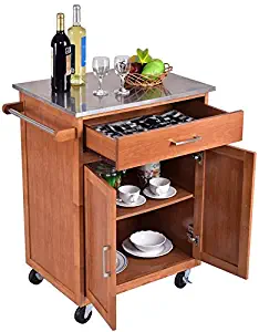 Rolling Kitchen Island Utility Serving Cart Drawer Shelves Storage Cabinet Stainless Steel Top Dining Trolley Home Kitchen Modern Furniture Décor Large Storage Space Easy Mobility with 4 Caster