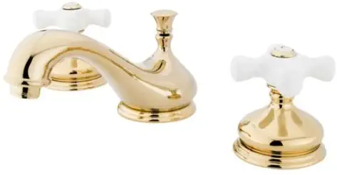 Kingston Brass KS1162PX Heritage Widespread Lavatory Faucet with Porcelain Cross Handle, Polished Brass,8-Inch Adjustable Center