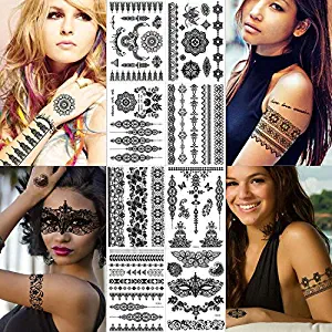 Greae Black Henna Tattoo Stickers For Women, Girls, Dancer | Skin Safe | DIY Costume Party Makeup Fake Tattoos | Sexy Armband Lace Temporary Tattoos | Indian Mandala Mehndi | 8 Sheets