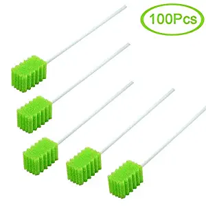 MUNKCARE Treated Oral Swabs with Dentifrice- Flavored Dental Swabs Individually Wrapped Fruit Green Tooth Shape for Oral Cavity Cleaning Sponge Swab, Box of 100 counts