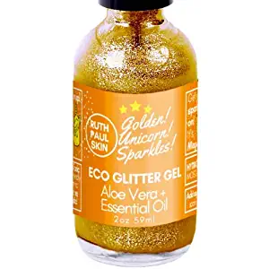 Eco Body Glitter Gel. Body Shimmer Make Up Face Eyes Hair. Glitter Face Mask. Moisturizing Organic Aloe Vera Gel in Essential Oils. Teens, Tweens, Adults. Gold Unicorn Sparkles by Ruth Paul Skin 2oz